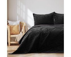 Famanu - Sprei 240x260 cm zwart fluweel, dubbelzijdig stiksel, luxueus ontwerp
