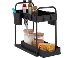 Famanu - Uitschuifbare keukenkast organizer 2 etages, onder-wastafel rek met haken en opbergbakjes, geschikt voor keuken en badkamer