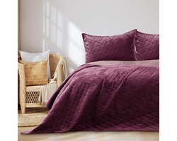 Famanu - Velvet sprei 240x260 cm paars lila, luxe fluwelen bedsprei met satijnlook