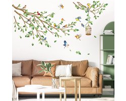 Famanu – Vogels op Boomtak Muurstickers Groene Bladeren Vliegende Vogels Muurtattoo Slaapkamer Woonkamer Achtergrond Wanddecoratie