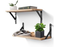 Famanu Wandrek, rustiek, zwevend rek, 42 cm, set van 2, metaaldraad, voor woonkamer, slaapkamer, keukenplank, houtkleur, vintage lichtbruin
