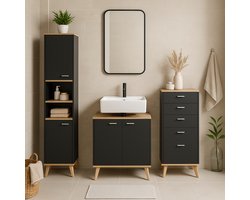 Fameilleur 3-Delige Badkamermeubelset – Zwart met Eikenlook – Onderkast Wastafel met Sifonuitsparing – Hoge Badkamerkast 180 cm – Brede Wandkast 96 cm – Modern Design – Badkamerkast Set Compleet- badkamer meubel set- bad kamer set- wandkast-wand kast