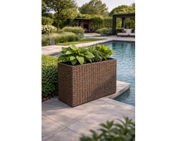 Fameilleur 3-in-1 Rattan Plantenbak met 3 Binnenpotten – Luxe Donkerbruine Rotanlook Bloembak / Bloempot voor Binnen en Buiten – Grote Rechthoekige Polyrattan Plantenbak- Weerbestendige & UV-Bestendige Balkonbak voor Balkon, Terras, Tuin, Patio