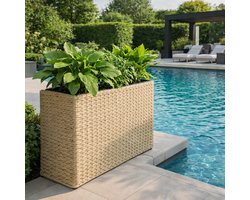 Fameilleur 3-in-1 Rattan Plantenbak met 3 Binnenpotten – Luxe Rotanlook Bloembak / Bloempot voor Binnen en Buiten – Polyrattan Plantenbak- Weerbestendige & UV-Bestendige Balkonbak– voor Balkon, Terras, Tuin, Patio of Woonkamer-Lichtbruin- planten bak