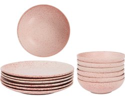 Fameilleur bordenset- 18-delige roze-Borden set voor 6 Personen-Steengoed Serviesset-in Zacht roze – Vaatwasser- & Magnetronbestendig-servies- bord- servies set-18-delige Bordenset Steengoed roze Moderne Diepe Borden, Ontbijtborden & Dinerborden