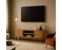 Fameilleur Design TV-meubel 140x46x40 cm – Houtlook met Latjes & Zwarte Pootjes – TV-Kast met Schuifdeuren – Kabeldoorvoer – Moderne Scandinavische Stijl – Bruin-TV Meubel voor Woonkamer – Japandi TV Kast-houten tv meubel- tv kast- televisie meubel-