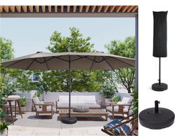 Fameilleur- Dubbele Parasol met Ronde Parasolvoet –Taupe- UV 50 Coating, Waterbestendig, Makkelijk te Openen met Handslinger, Ideaal voor Tuin, Terras, Camping – Extra Grote Schaduwplek, Inclusief Parasolvoet, Stabiel en Eenvoudig te Vervoeren- tuinp