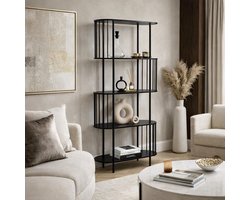 Fameilleur Industriële Wandkast Zwart 5 Laags- Open Boekenkast Metaal MDF – Vakkenkast Woonkamer – Stellingkast Industrieel – Hoge Opbergkast – Open Rek Kast – Moderne Boekenkast – Zwarte Kast-Wand rek Kantoor Boekenkast – Opbergmeubel Metaal