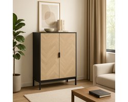 Fameilleur Kast met Visgraatmotief – 80x40x110 cm – Hoge Opbergkast met Deuren & Planken – Industriële Kast Hout Zwart – Staande Buffetkast / Dressoir Kast – Opbergmeubel Woonkamer, Hal, Slaapkamer of Kantoor – Modern Industrieel Design Houtlook-