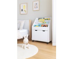 Fameilleur Kinderboekenkast op Wielen – Wit- Boekenkast Kind – 63 x 30 x 70 cm –Met 3 Planken & Opberglade – Speelgoedkast – Kinderkamer Opbergmeubel – Boekenrek – Speelgoed Organizer – Boekenkastje – Opbergrek Kinderen - Mobiele Boekenkast – peuters