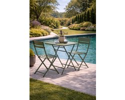 Fameilleur lounge set - olijf groen Inklapbaar - Bistroset Balkon & Tuin – 3-Delige Metalen Tuinset met Tafel en 2 Stoelen – lounge set-Balkonset / Loungeset van Staal-Opvouwbare Bistro set voor Balkon, Terras, Patio en Dakterras-Tuin set voor Buiten
