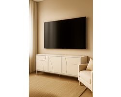 Fameilleur® Luxe Beige TV-Meubel 146x35x62 cm – Modern Scandinavisch TV-Dressoir met Reliëfpanelen | Minimalistisch Woonkamermeubel met Greeploze Deuren & Metalen Poten- Design TV-Kast met Opbergruimte -Japandi Interieur-Stijlvolle Lage Kast voor TV