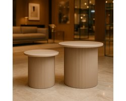 Fameilleur Luxe Bijzettafel Set van 2 – Taupe – Geribbeld Design – Ronde MDF Tafels – Scandinavisch Japandi Stijl – Moderne Salontafels voor Woonkamer & Slaapkamer – Stabiele Tafelset – Design Meubels – Volledig Gemonteerd Geleverd