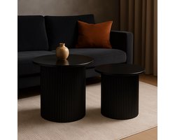 Fameilleur Luxe Bijzettafel Set van 2 – zwart – Geribbeld Design – Ronde MDF Tafels – Scandinavisch Japandi Stijl – Moderne Salontafels voor Woonkamer & Slaapkamer – Stabiele Tafelset – Design Meubels – Volledig Gemonteerd Geleverd- bijzet tafel set