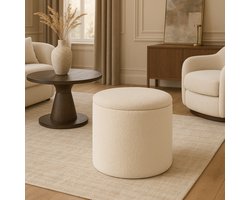 Fameilleur Luxe Teddy Poef met Opbergdeksel – Bouclé Poef 35x40 cm – Zachte Stof in Off-White – Multifunctionele Poef met Opbergruimte – Zitkruk, Voetenbank & Bijzettafel – Kant-en-Klaar – Scandinavisch Design - poef - zitbank - exclusief- opbergbank