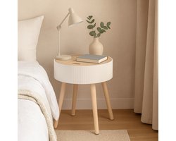 Fameilleur Rond Nachtkastje – Ø 38 x 47,5 cm – Wit Houten Bijzettafeltje met Opbergruimte – Scandinavisch Design – Bedtafel voor Slaapkamer of Woonkamer – Licht Hout & Mat Wit – Compact Tafeltje met Deksel-nachtkast - nacht kast- nacht kastje- bijzet