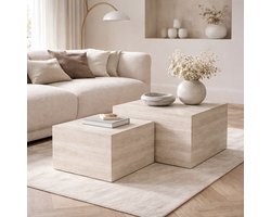 Fameilleur Salontafel Set van 2 Vierkant Travertijn Look Crème Beige – Moderne Luxe Salontafels MDF – Scandinavisch Japandi Minimalistisch Design –Woonkamer Tafel Set –Bijzettafel Set –Koffietafel –Natuursteen Uitstraling – 58x58 50x50 cm- Salontafel