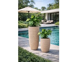 Fameilleur Set van 2 Hoge Plantenpotten Naturel – Rotanlook Grote Bloempot - Binnen Buiten-Staande Kunststof Plantenbak – UV Weerbestendig – Sierpot voor Balkon Terras Tuin Woonkamer Hal –Inclusief Binnenpot Afwateringsgat – 35 cm 65 cm - planten bak