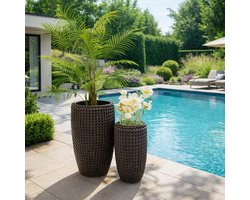 Fameilleur Set van 2 Plantenpotten Zwart – Hoge Bloempotten Binnen en Buiten – Grote Plantenpotten met Rotanlook – Moderne Bloempotten met Binnenpot en Afwateringsgat – Luxe Plantenbak voor Tuin, Balkon en Terras – Ø26x35 cm & Ø32x65 cm – planten bak