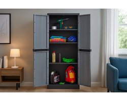 Fameilleur smalle Kunststof opbergkast zwart antraciet 65x37x165 cm met verstelbare planken-hoge kast met deuren voor schuur garage berging kantoor hobbyruimte –stevige kast voor gereedschap schoonmaakmiddelen tuinkussens opbergmateriaal- opberg kast