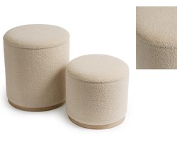 Fameilleur Teddy Poefen-Set van 2 Stuks-Multifunctioneel-Opbergruimte &Houten Tray-Ø 38 x 43 cm /Ø 34 x 32 cm-set van 2-met opbergruimte-opbergpoefen-poefen voor voetenbank, poefen voor extra zitplaatsen-trendy poefen-lichte poefen/ voor woonkamer-
