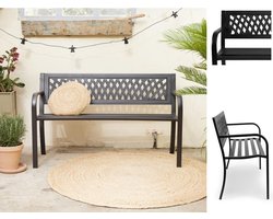 Fameilleur- tuinbank- antraciet- Stalen bank voor in de tuin- tuin bank-Staal- Tuinbank voor 2 Personen – Staal met Teakolie Look – Duurzaam, Stevig en Comfortabel – Tuinmeubel, Balkonbank, Buitenbank, Zithoek- tuinmeubels- tuin meubels- tuin stoel