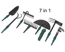 Fameilleur tuingereedschap- 7 in 1- gereedschap voor in de tuin- Tuin accessoires- Tuinaccessoires-Tuin apparatuur- Tuinapparatuur-Tuin werktuigen- Tuinwerktuigen- tuingereedschapset- tuin set-1x hark-1 x schoffel-1 x drietandkrabber-1 x schepje