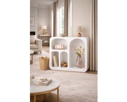 Fameilleur Vakkenkast met Organische Vormen – Wit-– Design Vakkenkast – Open Kast met 4 Vakken – Decoratieve Opbergkast – Japandi Kast – Moderne Boekenkast – Wandkast met Ronde Vormen – Minimalistische Kast voor Woonkamer, Slaapkamer, Hal of Kantoor