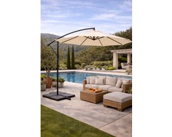 Fameilleur Zweefparasol beige 350 cm – Grote Ronde Zweef parasol Buiten – Tuinparasol 3 Meter – Luxe Parasol voor Tuin, Terras en Balkon – Parasol met UV 80+ Bescherming – Kantelbare Zweefparasol Zonder Middenstok – Schaduwparasol voor Loungeset