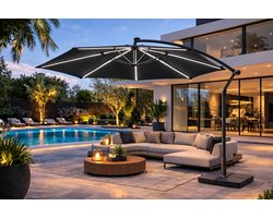 Fameilleur Zweefparasol zwart-Extra Groot – Inclusief Parasolvoet Tegels – 360° Draaibaar – Waterbestendig & UV-beschermend – zweef parasol-Ideaal voor Tuin, Terras of Camping-Stabiele Tuinparaplu met Extra Grote Schaduwplek-tuin parasol- tuinparasol