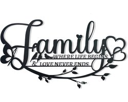 Familie Sign Metal Wall Art Decor - Familie Waar Het Leven Begint - Liefde Eindigt Nooit - Wrought Iron Wall Decorations - Hangende Familie Borden Thuis Decor voor Woonkamer - Slaapkamer - Eetkamer - Keuken