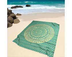 Familie strandlaken - XL strandlaken - Extra groot strandkleed - mandala stranddoek - XXL strandkleed - Groen/Goud - Yoga kleed - Mandala wandkleed - Zomer laken - dunne sprei katoen