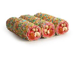 Fancy Granaatappel Abrikoos Hazelnoot wrap Turks fruit ( Handgemaakt ) 250 g - Suslu Narli Kayisili Findikli Sarma lokum Turk lokumu ( El Yspimi ) - Fancy Pomegranate Apricot Hazelnut wrap Turkish delight (Handmade)