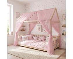 Fancyroom Huisbed hemel roze voor kinderbed kinderkamer baldakijn bedgordijn bedhemel voor meisjes prinses kamer (hemel roze met 5 gouden vlinders, 380 cm)