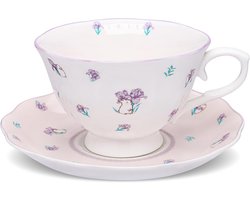 fanquare Theekop en schoteltje, 250 ml, Britse paarse iris, keramiek, koffiekop en schoteltje, vaatwasmachinebestendig