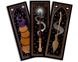 Fantasy boekenleggers set (3 stuks) - Magische objecten - Toverstaf, ketel & bezem - Luxe goudfolie