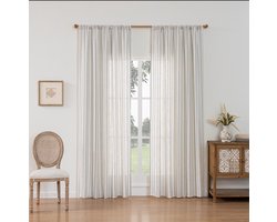 Farmhouse Linen Blend Curtains Vertical Striped，Boho Linen Gauze Curtains Hanging Light Filtering for Door Window,for Living Room Home Decor Green,Beige,150x260cm