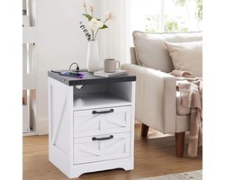 Farmhouse Nightstand with 2 Drawers & Charging Station, Industrial White Bedside Table, Engineered Wood