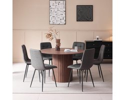 Farmhouse Ronde Eettafel 120 cm – Grote Houten Eettafel voor 4-6 Personen – MDF Tafelblad met Cilindrische Houten Onderstel – Keuken, Eetkamer, Woonkamer, Café of Office – Donkere Houtnerf – Meda Home Store