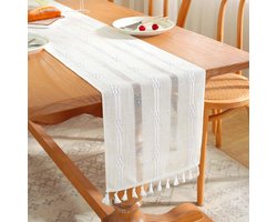 Farmhouse Tafelloper Linnen Katoen – Rustieke Tafelloper met Uitsnede & Franjes – 33x180 cm – Rechthoekig – Eettafel Decoratie voor 4-6 Personen – Binnen & Buiten – Ivoor - ANMI