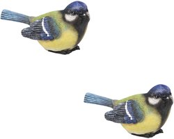 Farmwood Huis/tuin deco vogel beeldje - 2x - koolmeesje - zittend - polystone - 12 x 6 cm - binnen en buiten