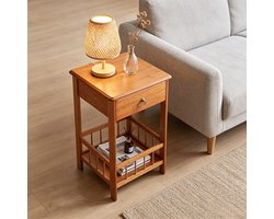 FATIVO Bamboe Bijzettafel - 30x30x49cm - Nachttafel met Lade en open vak- Bloemenstandaard - Koffietafel voor slaapkamer en woonkamer - Lichtbruin