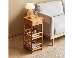 FATIVO Bamboe Bijzettafel - 30x30x78cm - Nachttafel met Lade en 2 open vak- Koffietafel voor slaapkamer en woonkamer - Lichtbruin
