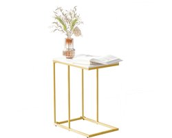 FATIVO Bijzettafel - C-Vormige Koffietafel - Metaal Frame - Witte Marmerlook - 45x30x54.6cm - Salontafel voor Woonkamer en Slaapkamer