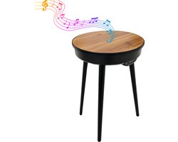 FATIVO Bijzettafel met luidspreker - 2-in-1 Bluetooth Speaker Tafeltje - Ronde nachttafel met USB & LED - Zwart / Walnoot - Voor Binnen & buiten