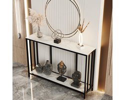 FATIVO Consoletafel marmer- Haltafel - Wandtafel - Sidetable - wit - 120x30x78 cm (L x B x H) - Scandinavisch - Bijzettafel met Zwart metalen frame - voor woonkamer, Hal, entree