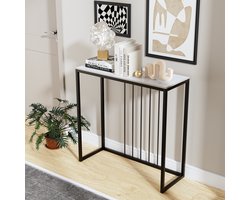 FATIVO Consoletafel marmer- Haltafel - Wandtafel - Sidetable - wit - 80x30x78.5 cm (L x B x H) - Scandinavisch - Bijzettafel met Zwart metalen frame - voor woonkamer, Hal, entree