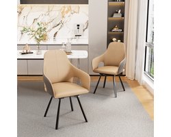FATIVO Eetkamerstoelen - Set van 2 - 360° Draaibare Stoel - Met Armleuningen - Hoge Rugleuning - Microfiber Kunstleer - Zwarte Metalen Poten - Licht Khaki & Donkergrijs - Max. Laadvermogen 150 kg