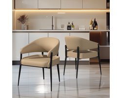 FATIVO Eetkamerstoelen - Set Van 2 - Eetkamerstoel - Modern Design Eettafelstoel - Microfiber Leer - Zwarte Metalen Poten - Max. Draagvermogen 150KG - Lichtbeige & Zwart