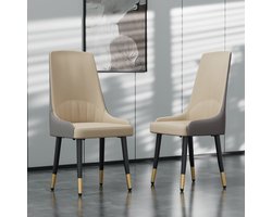 FATIVO Eetkamerstoelen Set van 2 – Microfiber Leer – Met Hoge Rug – Zwarte Metalen Poten – Modern – Lichtkaki& grijs – Draagvermogen 150 kg